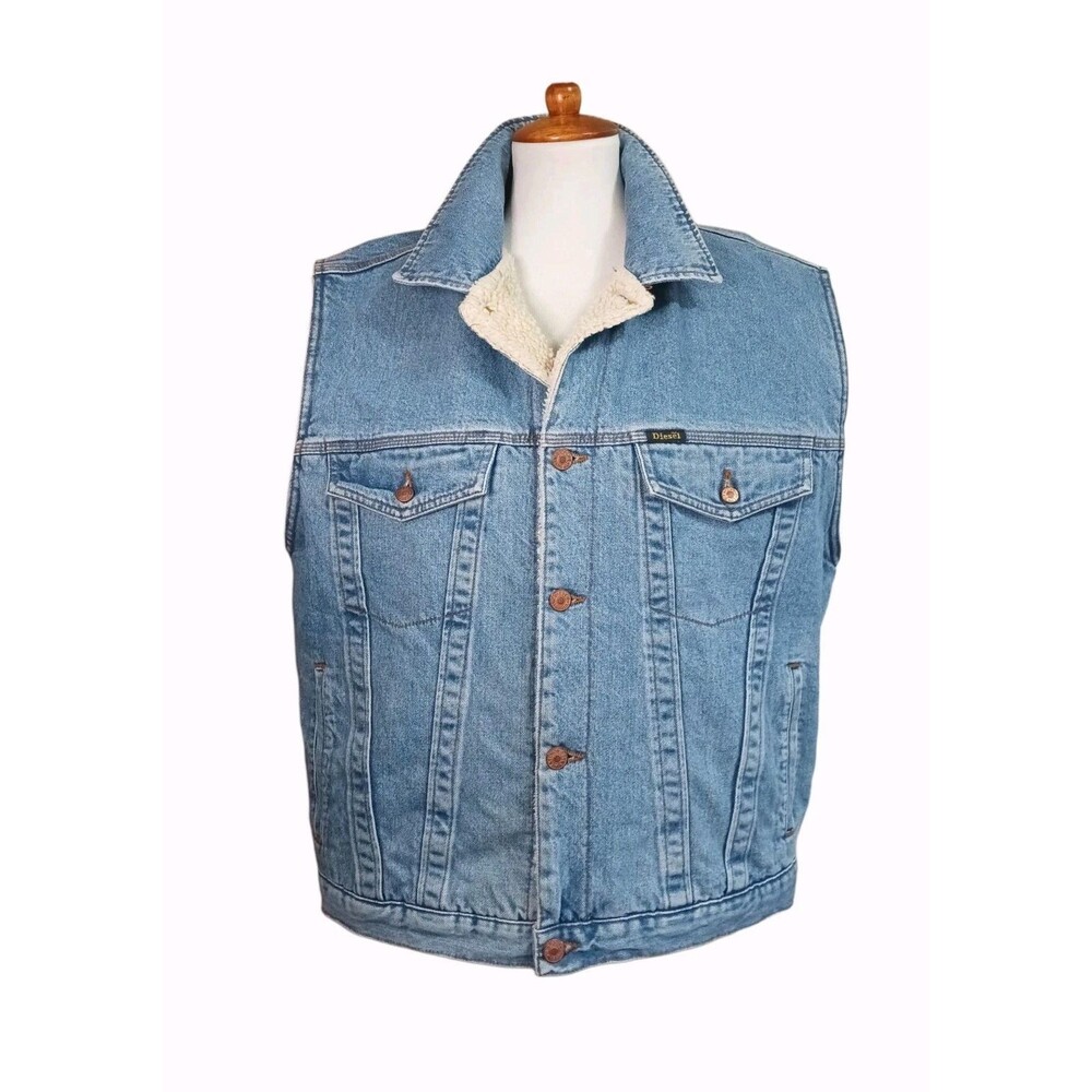 Vintage Diesel Blue Denim Jean Vest Mens Size XL Sherpa Lined Pockets Made Italy